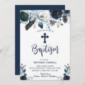 ラブリーネイビーブルーバラフローラバプテスマ招待状 シーズンカード (正面/裏面)