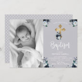 ラブリーネイビーブルーバラフローラバプテスマ招待状 シーズンカード (正面/裏面)