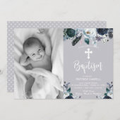 ラブリーネイビーブルーバラフローラバプテスマ招待状 シーズンカード (正面/裏面)