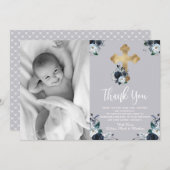 ラブリーネイビーブルーフローラバプテスマサンキューカード サンキューカード (正面/裏面)