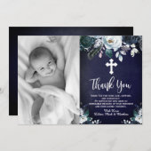 ラブリーネイビーブルーフローラバプテスマサンキューカード サンキューカード (正面/裏面)