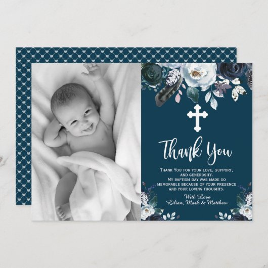 ラブリーネイビーブルーフローラバプテスマサンキューカード サンキューカード (正面/裏面)