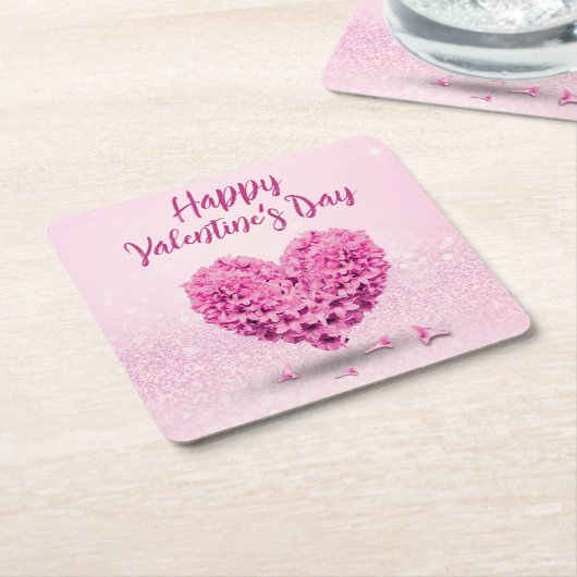 ラブリーハッピーバレンタインデーピンクヒヤシンスハート スクエアペーパーコースター (アングル)