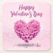 ラブリーハッピーバレンタインデーピンクヒヤシンスハート スクエアペーパーコースター (正面)