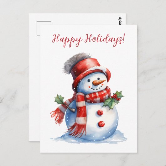 ラブリーハッピーホリデイズ雪だるまウォーターカラーアートワーク ポストカード (正面/裏面)