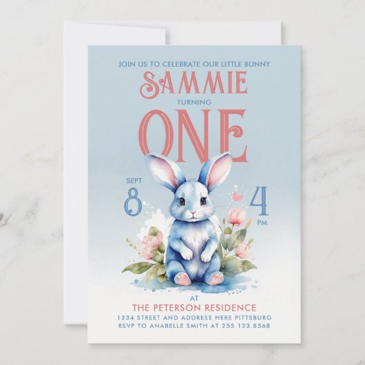 ラブリーバニーボーイガールフローラ誕生日水彩 招待状 (正面)