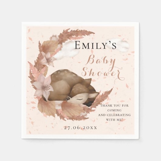 ラブリーバンビ&フラワーパステルピンクベビーシャワー昼寝 スタンダードカクテルナプキン (正面)