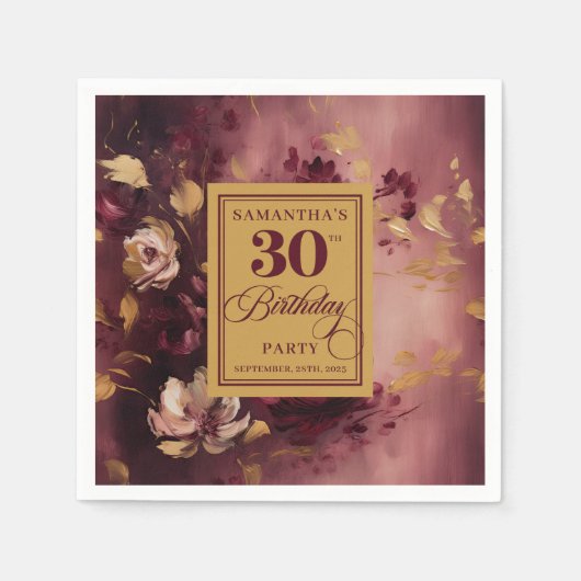 ラブリーバーガンディ赤面金ゴールド30thバースデーナプキンズ スタンダードカクテルナプキン (正面)
