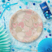 ラブリーパッチワークキルトパターンピンクハート弓 ペーパープレート (パーティー)