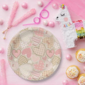 ラブリーパッチワークキルトパターンピンクハート弓 ペーパープレート (パーティー)