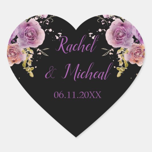 ラブリーパープルとブラックウォーターの色のフローラ結婚ズ ハートシール (正面)