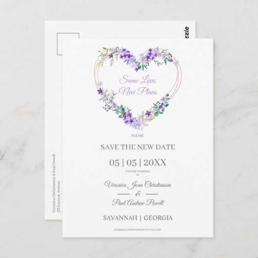 ラブリーパープルフローラハート結婚の延期 ポストカード (正面/裏面)