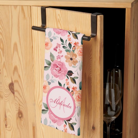 ラブリーピンオレンジタンフローラ モノグラムの キッチンタオル (三つ折り)