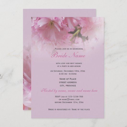 ラブリーピンクさくらんぼブロッサム春ブライダルシャワー 招待状 (正面/裏面)