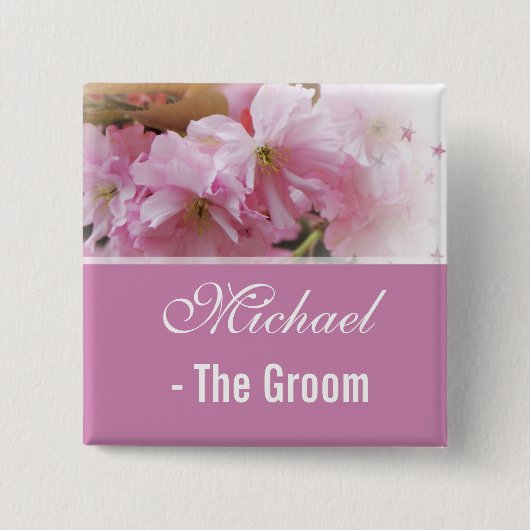 ラブリーピンクさくらんぼ花春の結婚式新郎 缶バッジ (正面)
