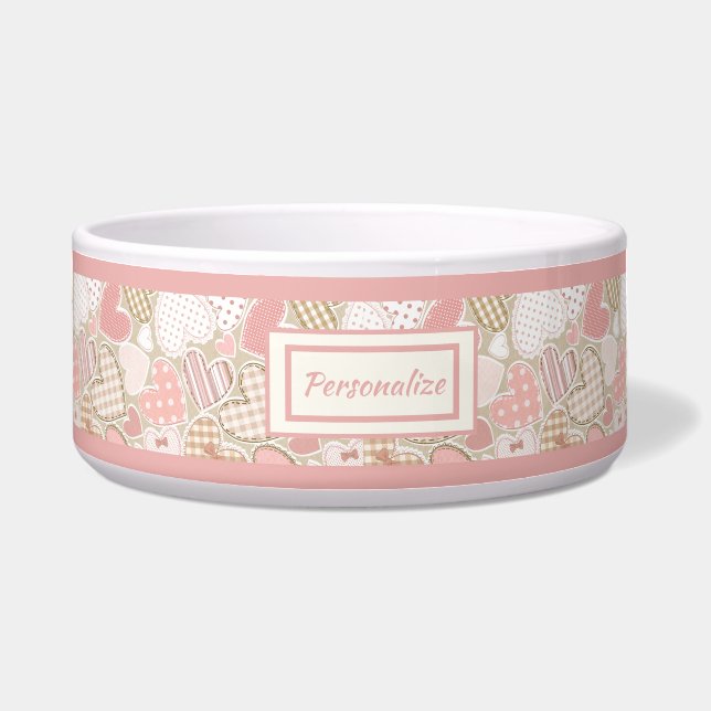 ラブリーピンクのパッチワークキルトハートパターン猫犬 ボウル (正面)