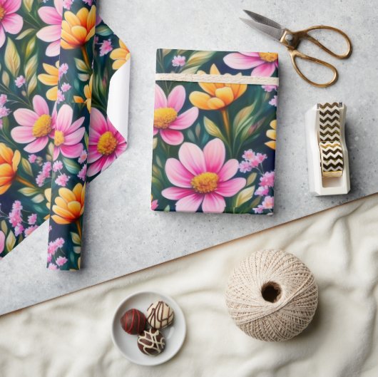 ラブリーピンクの花のラッピング紙 ラッピングペーパー (クラフト)