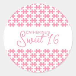 ラブリーピンクアンドホワイトパズル市松模様にスウィート16 ラウンドシール