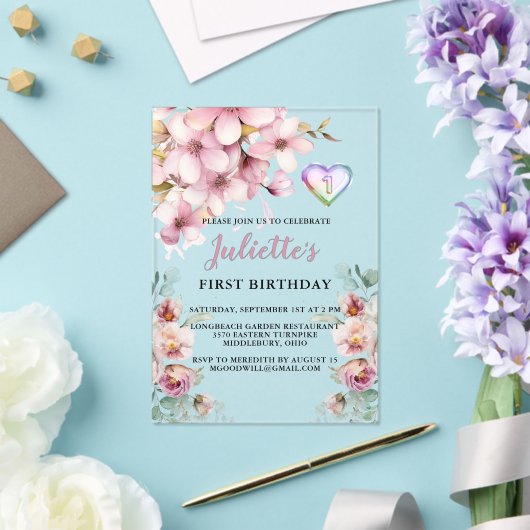ラブリーピンクウォーターカラーフラワーファースト誕生日 アクリル招待状 (インサイチュ (ウェディング))