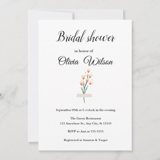 ラブリーピンクウォーターカラーワイルドフラワーブライダルシャワー 招待状 (正面)