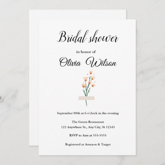 ラブリーピンクウォーターカラーワイルドフラワーブライダルシャワー 招待状 (正面/裏面)