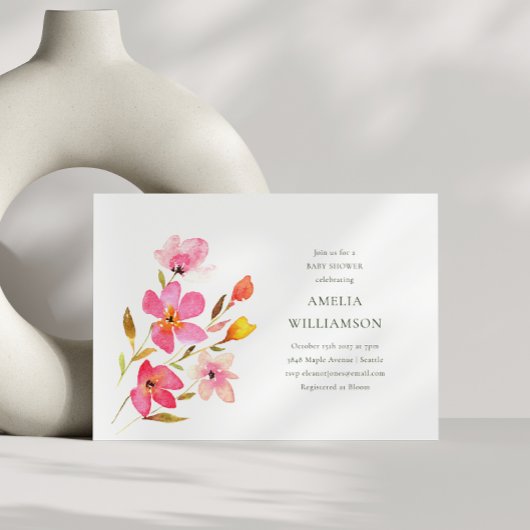 ラブリーピンクウォーター色のフローラベビーシャワー 招待状