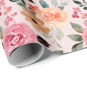 ラブリーピンクオレンジ&タンフラワーズボタニカル ラッピングペーパー (ロールコーナー)