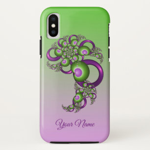 ラブリーピンクグリーンハート抽象芸術フラクタル名 iPhone XSケース