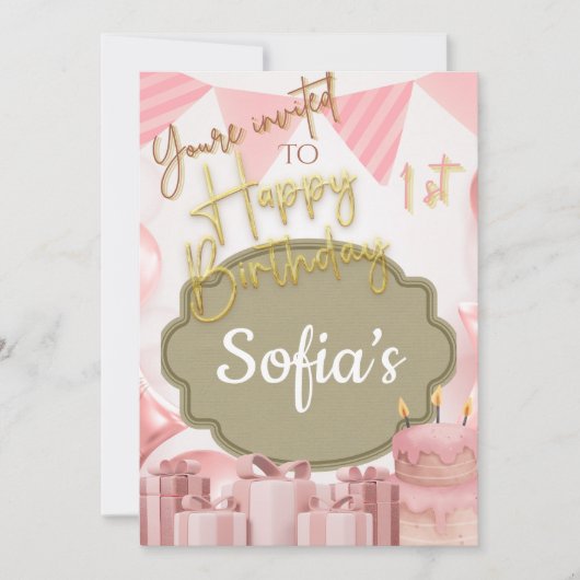 ラブリーピンクハッピー1st誕生日招待状 招待状 (正面)
