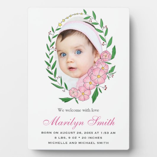 ラブリーピンクフローラリース写真誕生のお知らせ フォトプラーク (正面)