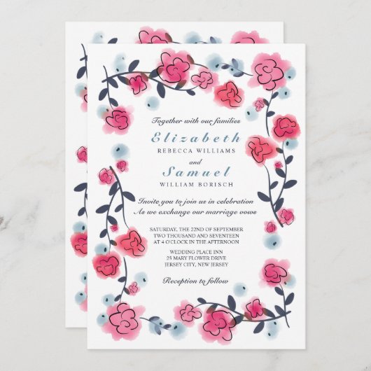 ラブリーピンクローズウォーターカラー結婚式招待状 招待状 (正面/裏面)