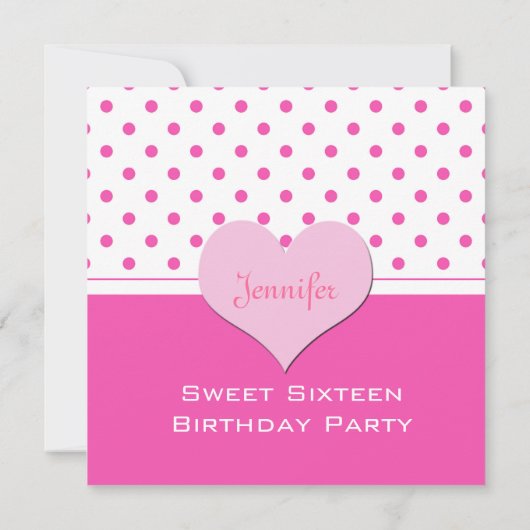 ラブリーピンク水玉模様sweet sixteen誕生日 招待状 (裏面)