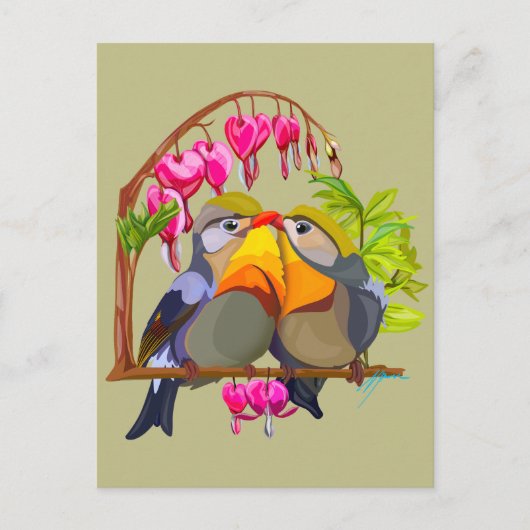 ラブリーピーキンロビン鳥ペア ポストカード (正面)