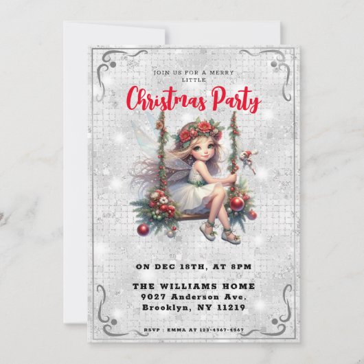 ラブリーフェアリーシルバーホワイトグリッタークリスマスパーティー 招待状 (正面)