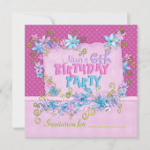 ラブリーフローラピンク水玉模様誕生日パーティー 招待状 (正面)