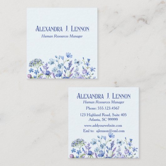 ラブリーブルーとラベンダーのワイルドフラワーガーデン スクエア名刺 (正面/裏面)