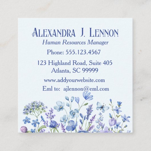 ラブリーブルーとラベンダーのワイルドフラワーガーデン スクエア名刺 (裏面)