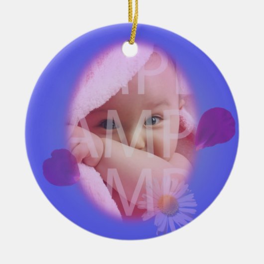 ラブリーブルーフラワー花びらフォトフレームベビー誕生 セラミックオーナメント (正面)