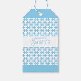 ラブリーベビーブルーホワイト市松模様にパズルスウィート16 ギフトタグ