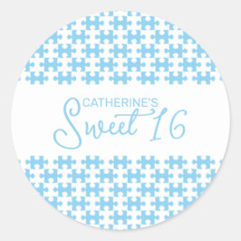 ラブリーベビーブルーホワイト市松模様にパズルスウィート16 ラウンドシール