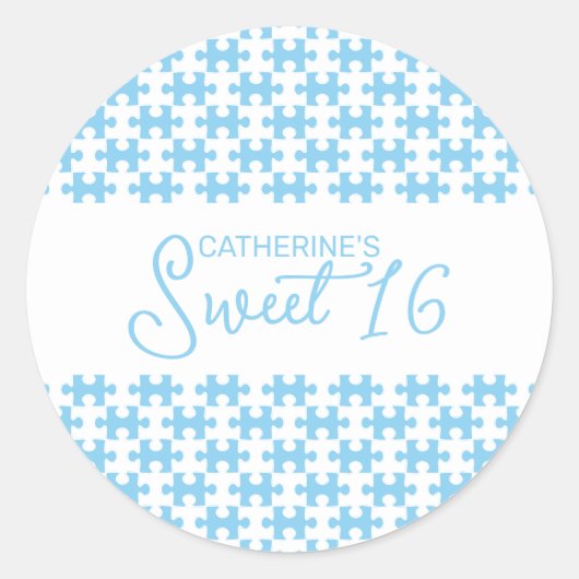 ラブリーベビーブルーホワイト市松模様にパズルスウィート16 ラウンドシール (正面)