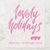 ラブリーホリデーズピンクハートパーソナライズされたクリスマス ワインラベル (シングルラベル)