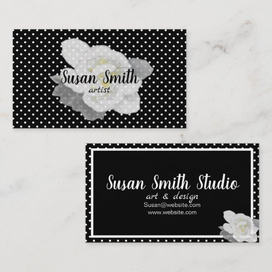 ラブリーホワイトガーデニアフラワー白黒水玉模様 名刺 (正面/裏面)