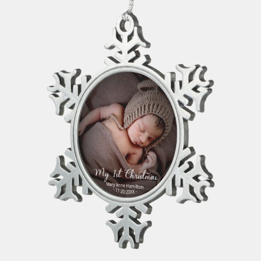 ラブリーマイ初めてのクリスマス生まれたばかりのベビー写真 スノーフレークピューターオーナメント (右)