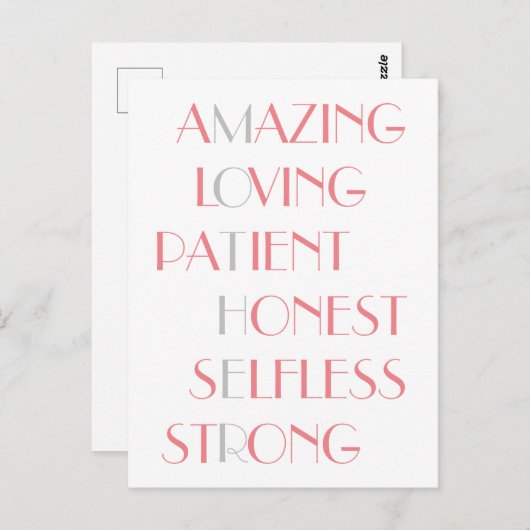 ラブリーマザズピンクアクロスティック詩タイポグラフィギフト ポストカード (正面/裏面)