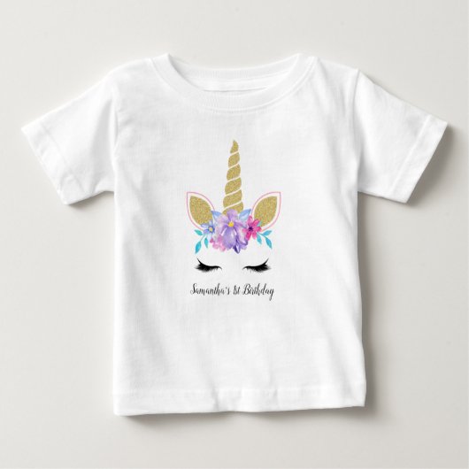 ラブリーユニコーンパープルフローラファースト誕生日服 ベビーTシャツ (正面)