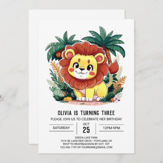 ラブリーライオお洒落ンデジタル誕生日 招待状 (正面/裏面)