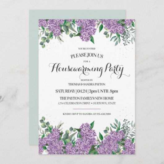 ラブリーライラック春引っ越し祝いパーティーパーティー 招待状 (正面/裏面)