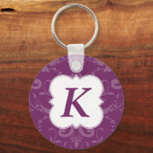ラブリーラベルパープルダマスクカスタムイニシャル キーホルダー (正面)