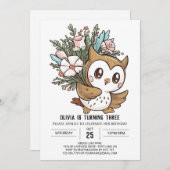 ラブリーリトルデジタルフクロウ誕生日 招待状 (正面/裏面)